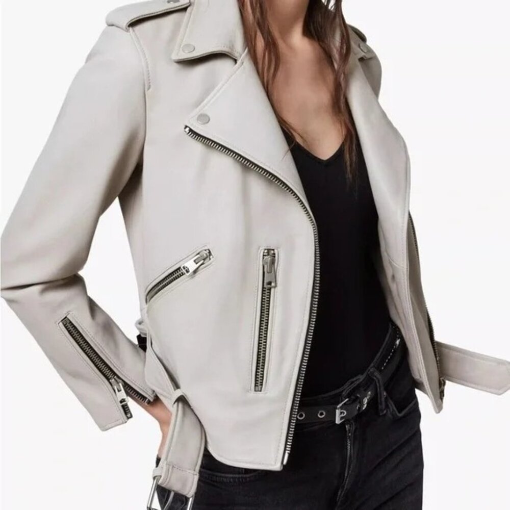 🆕 ALL SAINTS Balfern Soft Leather Zip Biker Jacket Light Gray 2 - Picture 6 of 15